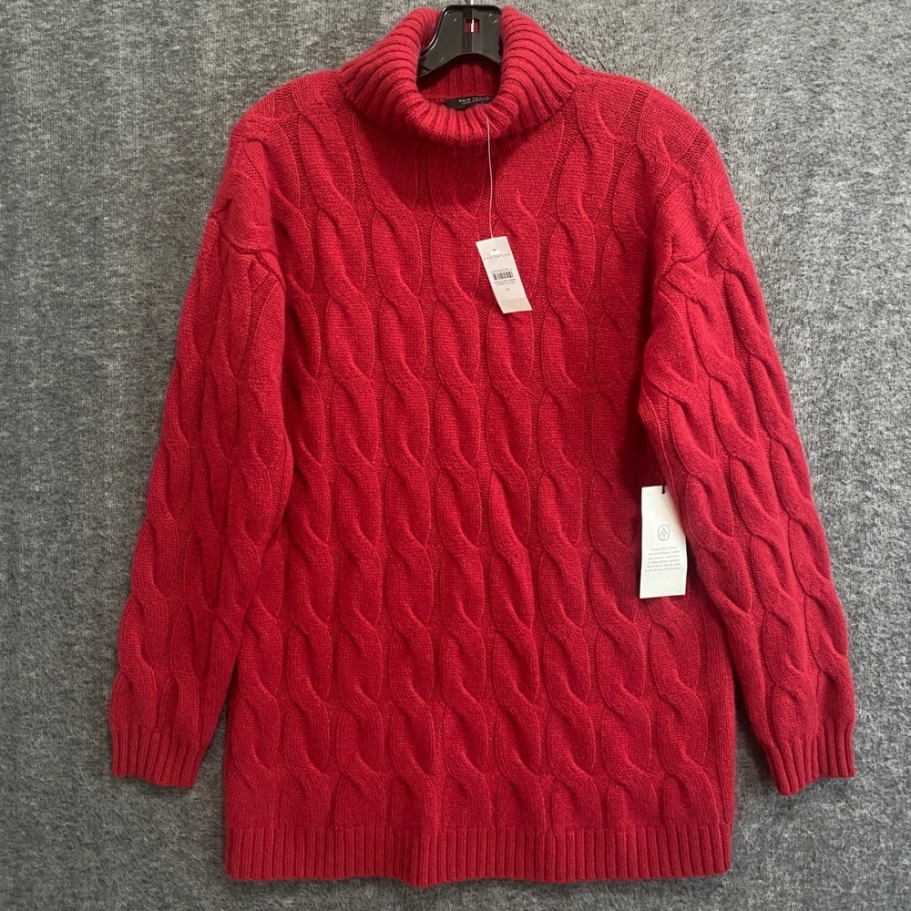 NEW Ann Taylor Cashmere Cable Knit Turtleneck Tunic Sweater Womens M Red Chunky
